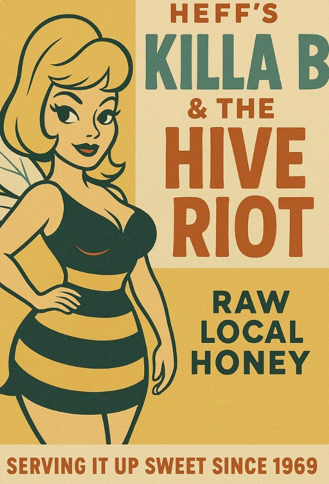 Vintage-style poster with a stylized woman and text about 'Killa B & The Hive Riot' on a yellow background.