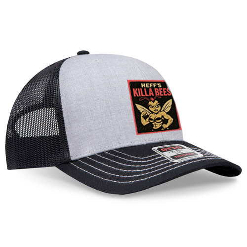 Black and gray trucker hat with a Killa Bees Honey logo on a white background