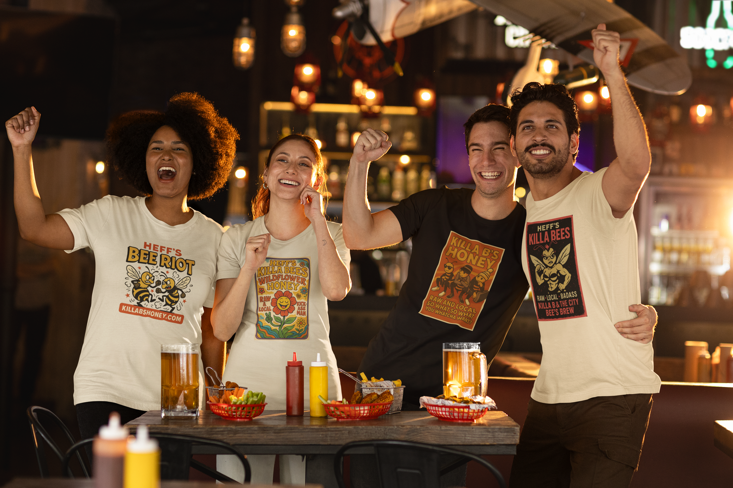 Four friends and honey lovers wearing killa bees honey streetweart-shirt designs.