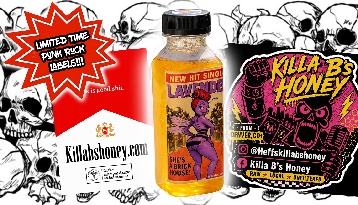Killa B's Honey product with skull designs and promotional text on a colorful background