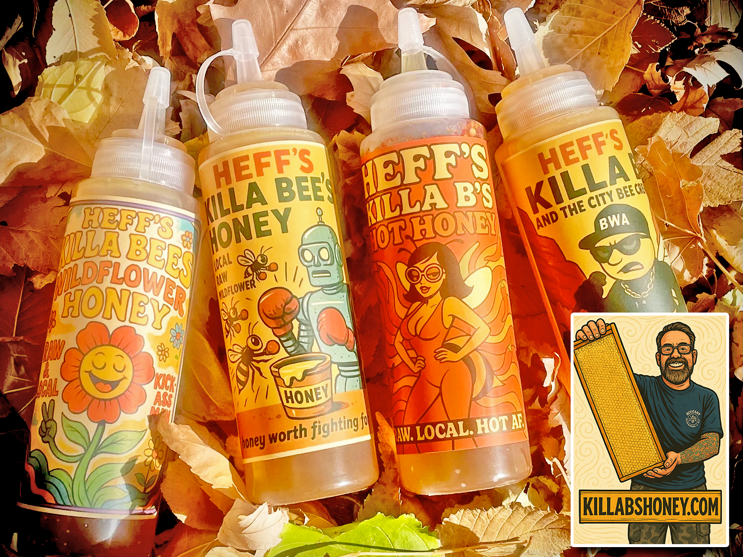 Pictures of Heff's Killa B's Honey that was harvested from bee hives in and around the Denver, Colorado metro area in custom bottles. Brian Heffernan is a Local Bee keeper that has been producing organic honey for over 15 years.