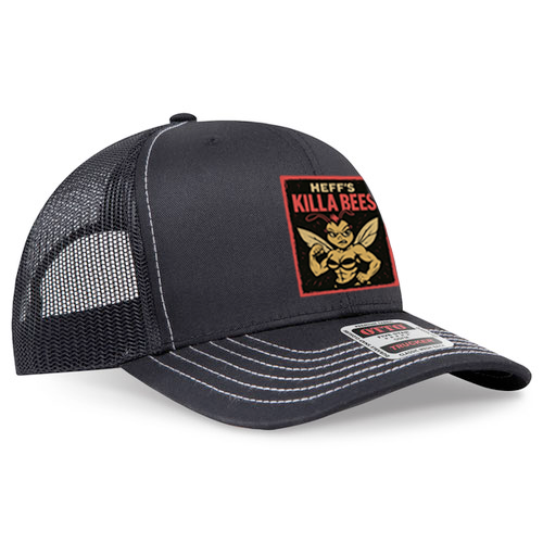 Black mesh cap with 'Heff's Killa Bees Honey' logo on a white background