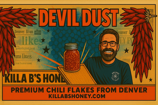 Advertisement for Devil Dust Chili Flakes from Denver with a man and jar of chili flakes.