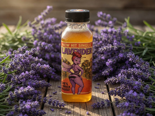 Bottle of lavender-flavored Heff's Organic lavender honey flowers on a wooden surface
